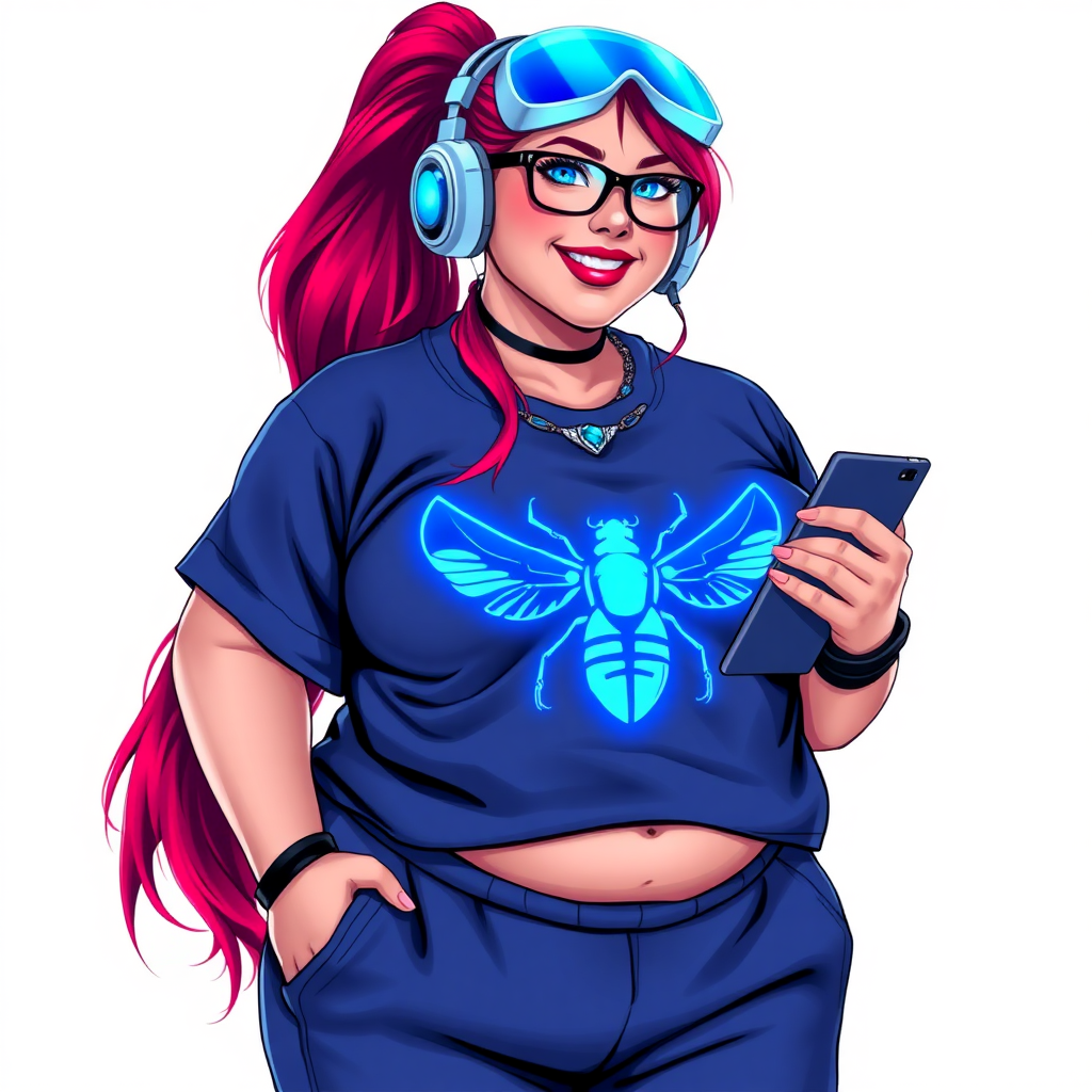 A cyberpunk vigilante’s full-figured intelligent and tech-savvy 29-year-old girlfriend, who is a computer hacker and tech genius. She has a long ruby red ponytail and bright blue eyes. She wears a sapphire beetle gemstone necklace, an oversized Maximum Blue (RGB 71, 171, 204) t-shirt featuring a neon blue glowing chest icon of a winged beetle, and matching Maximum Blue (RGB 71, 171, 204) sweatpants. She has a full-figured physique with a prominent, gargantuan, well-rounded midsection, reflecting her well-cared-for lifestyle. Her midsection is heavily emphasized. She sports a sapphire headset with a hi-tech sapphire lensed HUD visor, Maximum Blue (RGB 71, 171, 204) lipstick, black eyeglasses, and a beaming smile with a passionate bright red blush. Despite her figure and a lack of self-esteem, she radiates an air of beauty. She has an angular face which contributes to her radiant beauty. She serves as his tech expert from his hideout, holding a holographic tablet and a hi-tech tool wrench. The background is solid white. She is drawn as if she was in a retro 2D cyberpunk fighting game. Make sure her t-shirt covers her midsection.