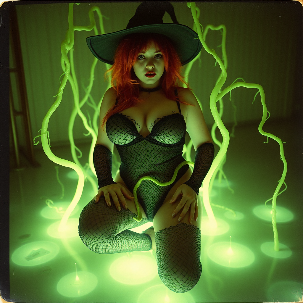 An old polaroid photo with heavy dark color tint to the photograph and visible light leaks. The photo depicts a sexy alt goth girl with pale skin and red hair. She has a plump booty. She has large breasts with ample cleavage and is wearing a black fishnet bodysuit. She is wearing a witch hat. She is surrounded by glowing translucent green vines coming out of magic bright glowing pools of water on the floor, wrapped around her arms and legs. She is straddling a green vine between her legs. The image looks hazy and grungy.