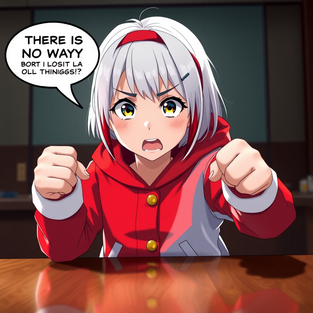 A young girl with white hair and red highlights, bangs, blunt bangs, hair down, medium hair, young girl in a bright, fire-engine red and snowy white school uniform stylized as a hoodie, adorned with golden buttons, white cuffs, and a red headband, slamming his fists on a polished wooden table with shocked exasperation. Her expressive facial features display an exaggerated, anime-inspired twist of agony and dismay, his eyebrows arched in incredulity as he exclaims in bold, speech bubble saying THERE IS NO WAY BORN LOST TO A LAPRAS OF ALL THINGS!?’ in a burst of daunting uncertainty. Focus solely on the character, with an anime-inspired art style reminiscent of celebrated artists Makoto Shinkai, Takeshi Obata, and Ryosuke Cohen, characterized by thick, dynamic outlines, rich fantasy colors, bold contrasting textures, and a stylized feel inspired by Japanese manga and concept art. Incorporate aesthetically pleasing complementary colors to evoke a dramatic atmosphere and bring a sense of immersive realism to this fantastical image, as if this character stepped out of the cover of an extremely popular, highly-detailed, 8K matte painting, trending on Artstation, reminiscent of breathtaking concept art created using Unreal Engine 5.