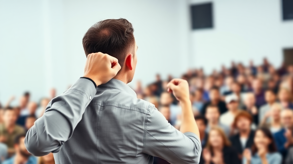 an image expressing leadership or influence, a man enthusiastically addressing an audience, his back to the camera, the side of his face shown, his hand in fist position, the audience blurred in front of him, cheering for him, a big crowd, stock photo, white lighting, the man is a bit far from the camera