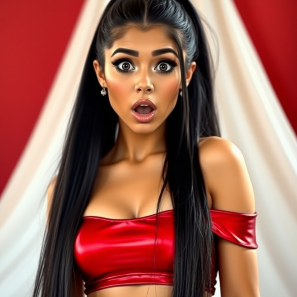 surprised Arabian girl with mouth open. She has very large eyes, black eyeshadow, black eyeliner, fake eyelashes, very tanned skin, very long hair. very high ponytail, red off shoulder shinny crop top. photo realistic, long straight black hair. crop top, pencil skirt, micro skirt, long legs.