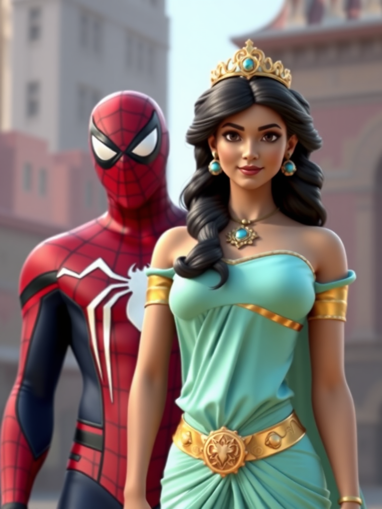 Generate a photorealistic render of Princess Jasmine with Spider-Man's male body type. Keep Jasmine's head intact, but adjust her body structure and silhouette to match Spider-Man's physique. Modify Jasmine's costume to fit the new body type seamlessly. Set the background to an appropriate environment that suits both characters.