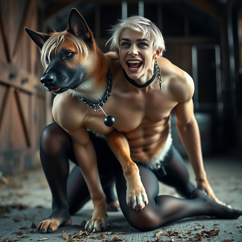 photorealistic, ultra high resolution, 16K, surreal fantasy, soft studio lighting, Caleb Swift is a pretty 16 year old goth male, slim male physique, blonde hair, blue eyes, goth makeup, earrings, sheer black pantyhose, spikey neck collar with chain, kneeling and leaning forward on the floor of the barn while his large dog rests its front legs on Caleb's back, during daytime, excited open mouth smile, small black ball-gag, drooling a stream of saliva from his mouth, bulging crotch, facing the camera.