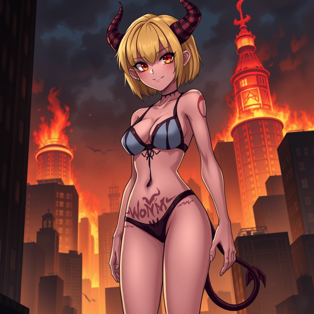 Anime, city burning background, A mischievous tall-slender demon girl, short blond hair, wearing sexy-micro bikini-bra-like clothing, g-string, Womb tattoo on belly, mischievous smile, large breasts, full body, long legs, looking at viewer,