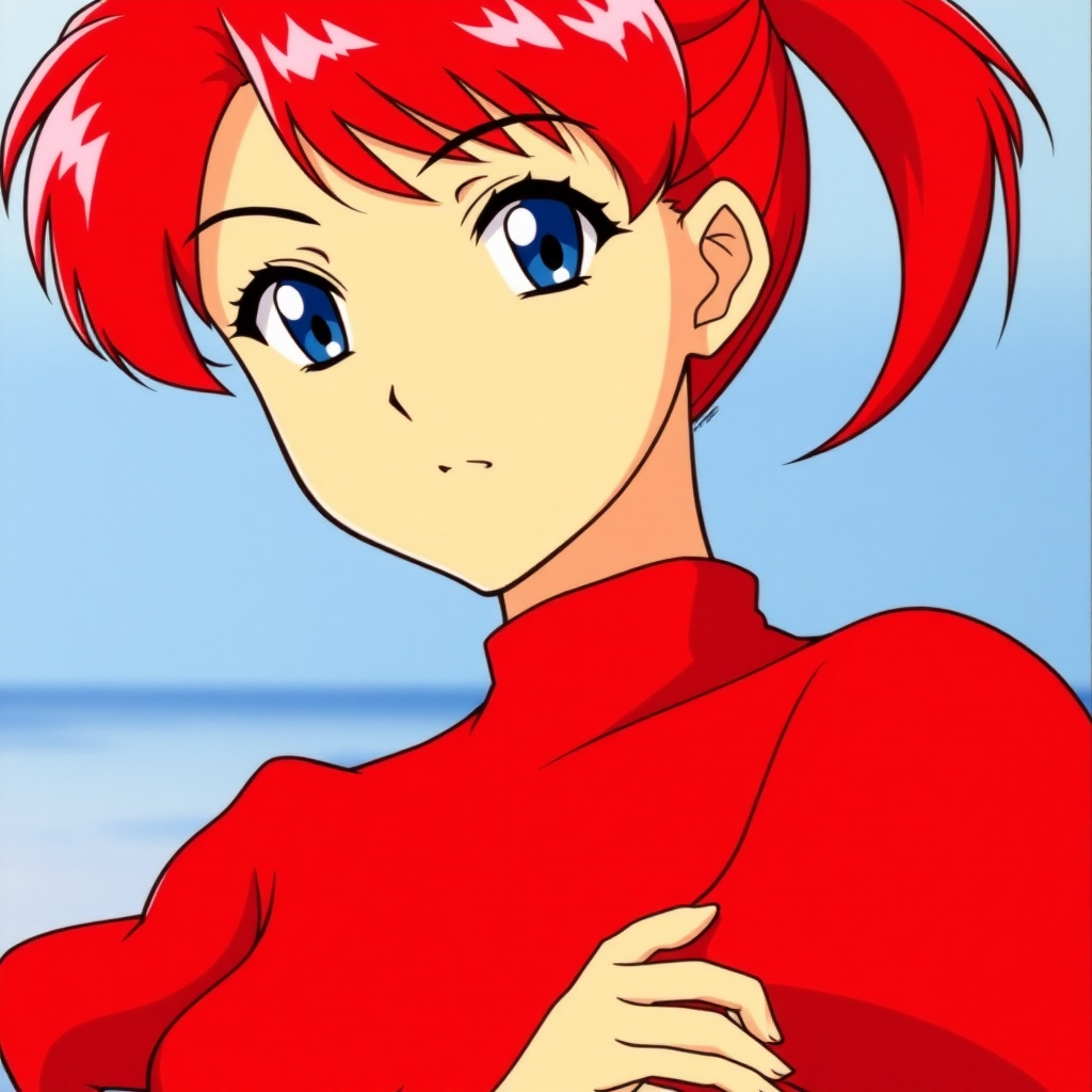 Ranma Saotome from the series Ranma 1/2 is a red-haired girl with a ponytail, blue eyes, and a toned girl’s body.