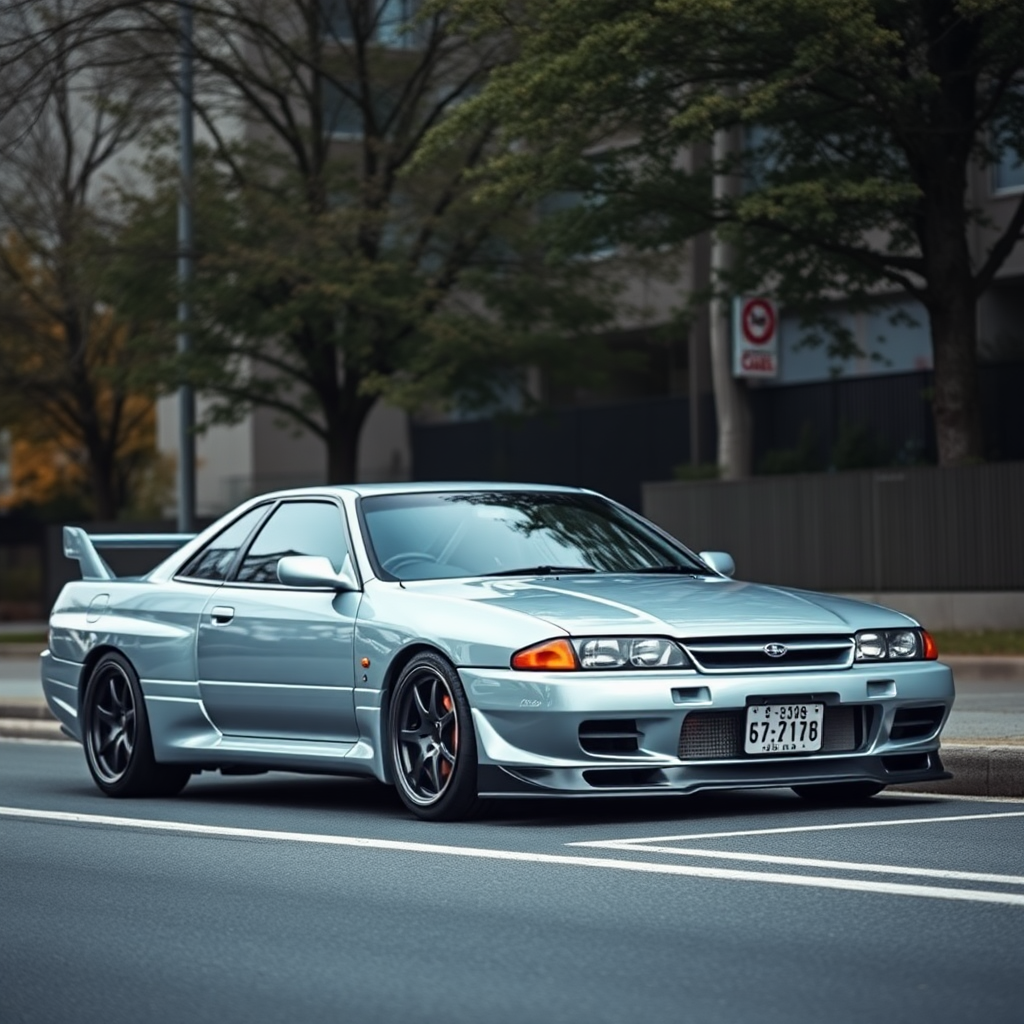 the car is parked on the side of the road, inspired by Taiyō Matsumoto, tumblr, restomod, nd4, c4 metallic shine nissan skyline r34 kalabalik tokyo gece arkaplan