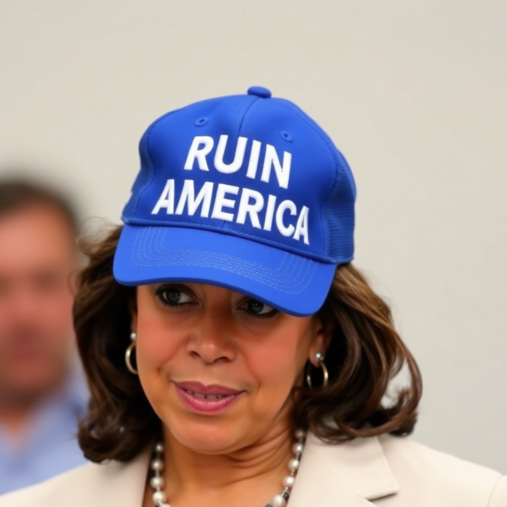 Kamala Harris wearing a blue cap with white text "RUIN AMERICA"