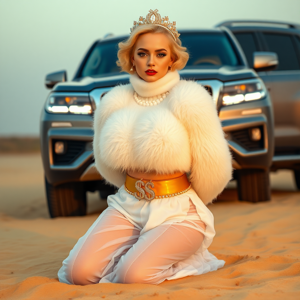 Kuwait desert dunes misty dawn, full size luxury SUV: Melissa, European 17 years old very convincing femboy “trophy-bimbo”, tamed servile docile, very beautiful feminine flawless face, rather short, by hormones very curvaceous womanly figured, platinum blond short tight curls, bold red lips, heavily made-up face, wearing Supertanya-style fluffy very fuzzy bright white angora turtleneck-poncho cropped ending under bust decorated with pearls and gemstones, striking oriental wide gold bridal protection belt, white fully transparent harem pants, full Oriental bridal jewelry with striking headpiece, full Oriental face-jewelry, striking diamond “$$$” letter brooch on left chest, pout frustrated, hands tied behind back, kneeling in sand in front of SUV, looking at camera. Focus on face and turtleneck-poncho.