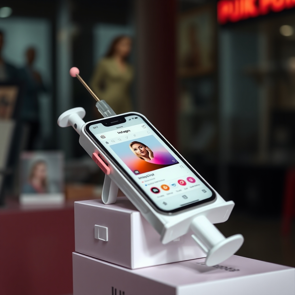 A close-up straight front view of a mobile phone in the shape inspired by a syringe, white pink futuristic, kept for sale leaning on a box, in a showroom, metallic body, touchscreen phone with Instagram page open on the screen, needle on top, white punk.