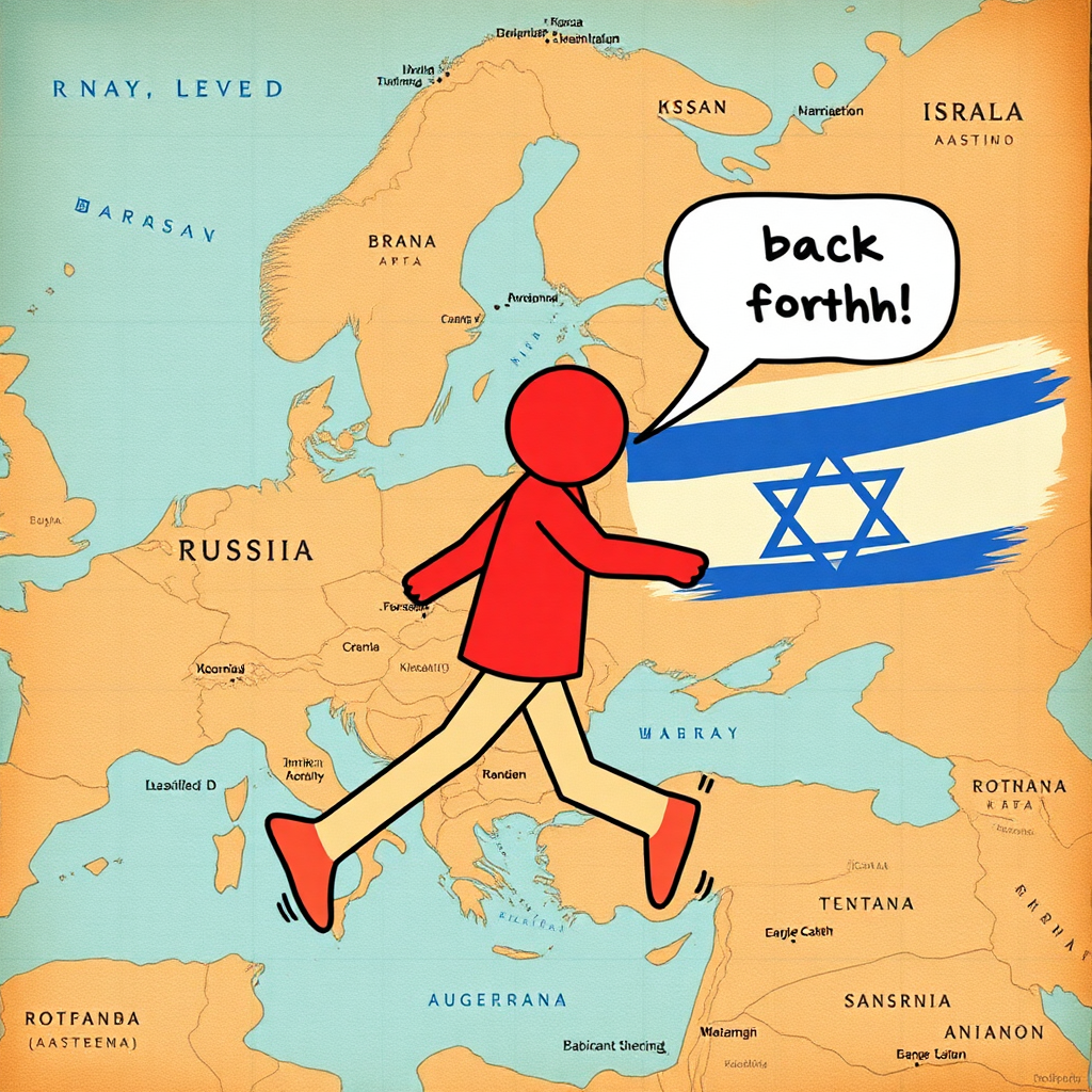 Silly person marching back and forth between the maps of Russia and Israel who says: "Back and forth!"