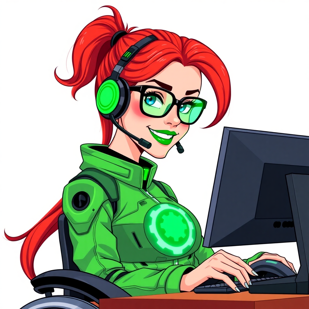 A nerdy, 29-year-old tech genius in a wheelchair, with a long fiery-crimson ponytail. She wears maximum green lipstick, bright blue eyes, and a hi-tech maximum green suit featuring a neon green glowing cog chest icon. She sports an emerald headset, black eyeglasses with a neon green lensed HUD, and a lovestruck smile with neon red blush. She serves as her corrupt cyberpunk CEO's tech expert from his company's cybersecurity division, diligently working at her computer desk. The background is solid white. She is drawn as if she was in a retro 2D cyberpunk fighting game.