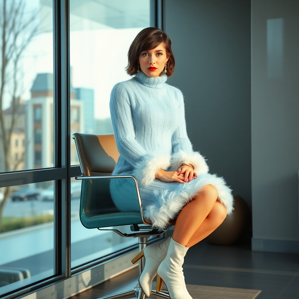 Sunny spring morning, modern glass-steel-concrete office, sitting on glass chair at wall, waiting for the master: O., European 17 years old very convincing femboy “trophy-bimbo”, tamed servile docile, very beautiful feminine flawless face, rather short boyish figure, dark short tight curls, bold red lips, heavily made-up face, long French nails, wearing Supertanya-style chunky fluffy very fuzzy light blue plushy mohair figure-hugging turtleneck-knitdress with wide tight fluffy hem and fluffy wrists, white vinyl anklet-boots with golden heels, mesh pantyhose, pearl earrings, serious, leaning forward presenting her assets, arrogantly looking at camera.