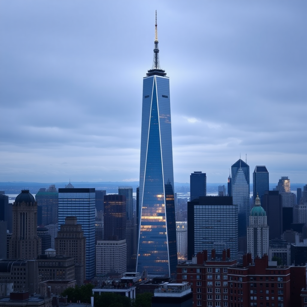 Create a photo of New York with the One World Trade Center in the style of the famous tower in Pisa.