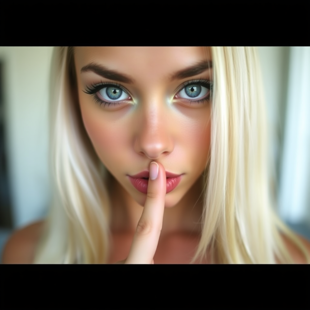 a young woman is holding her finger to her lips, 1girl, looking at viewer, blue eyes, blonde hair, solo focus, blurry, lips, eyelashes, blurry background, close-up, realistic. bleached blonde, black eyeliner, very large eyes, tanned skin. Very long straight hair. cleavage.