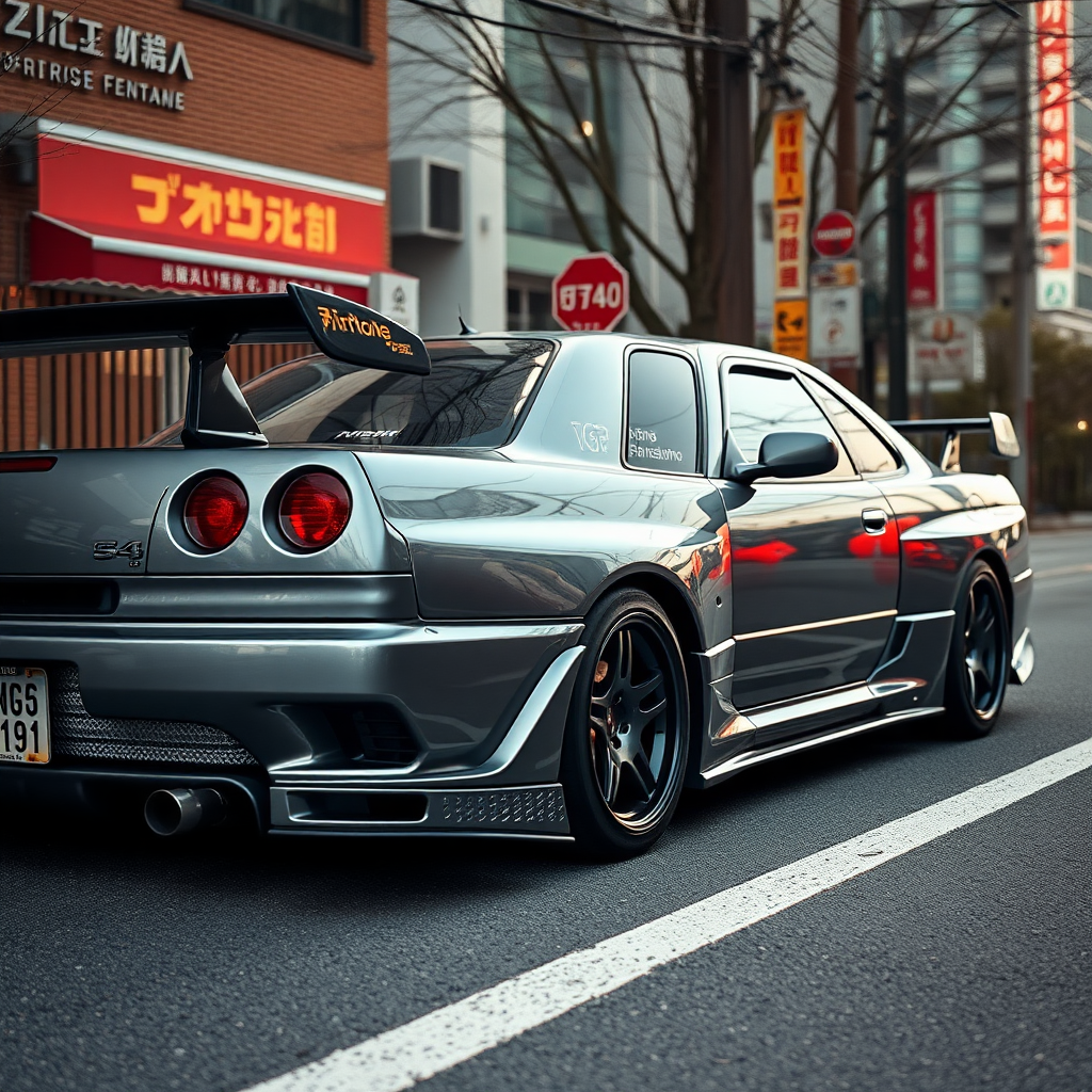 The car is parked on the side of the road, inspired by Taiyō Matsumoto, tumblr, restomod, nd4, c4 metallic shine gray black nissan skyline r34 tokyo gece cosplay kadınlar arkaplan hatasız ayrıntılı genel gerçek detaylar