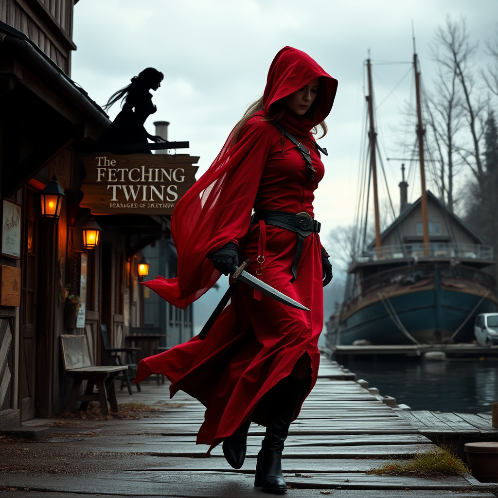 A wide distance shot of a shadowy female thief dressed in red, in a pastoral fantasy town. manse in the background. she is fleeing from someone. bar called "The Fetching Twins" wooden sign (consisting of a silhouette of two women leaning together for a kiss). Village of Dryden, dock with a run down ship.