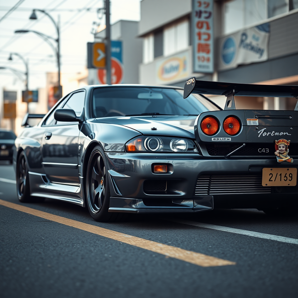 The car is parked on the side of the road, inspired by Taiyō Matsumoto, tumblr, restomod, nd4, c4 metallic shine gray black nissan skyline r34 wide body tokyo gece cosplay kadınlar arkaplan hatasız ayrıntılı genel gerçek detaylar