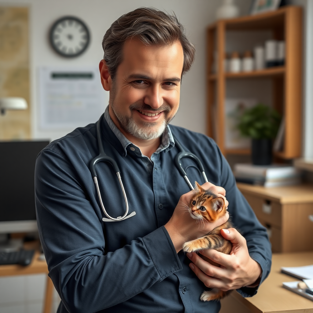 a 57yo handsome swiss doctor, very reliable look,on his studio,nice smile,really professional look,extremely photorealistic image, caressing a kitten ,no ring