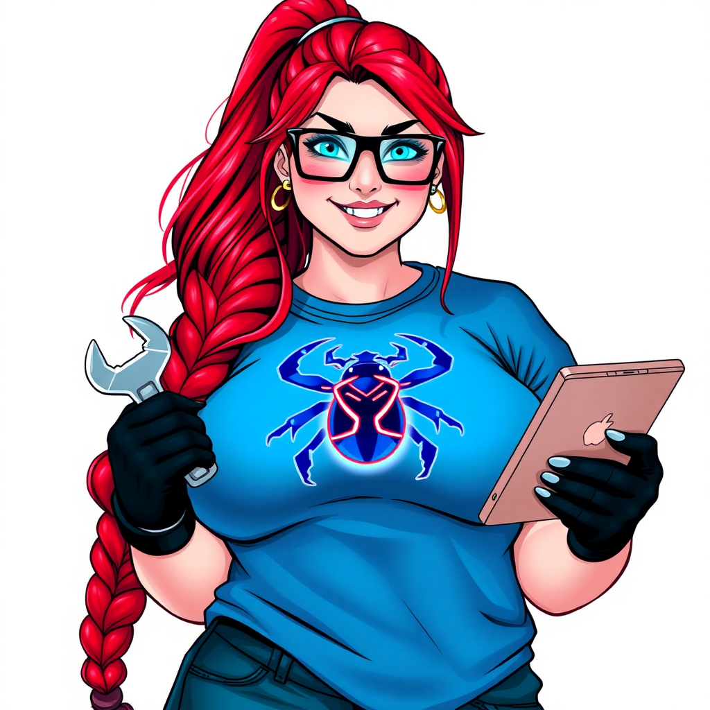 A 28-year-old, full-figured computer hacker and tech wiz, she is the girlfriend of a cyberpunk vigilante. Her long ruby red ponytail, and striking, bright blue eyes make her stand out. Her wrecking ball-sized midsection, sequoia-sized limbs, and broad shoulders define her full figure, which has been heavily pampered by her doting boyfriend. Her nerdiness is blatantly obvious, and she serves as her boyfriend’s tech expert.

As the loyal and supportive sidekick, she plays a crucial role in their missions, using her digital and technological prowess to assist and protect. She wears an oversized maximum blue t-shirt adorned with a glowing neon blue beetle chest icon, black oversized eyeglasses, and black high-tech gloves. She beams with a neon red blush, holding a futuristic wrench and a digital holographic tablet. She is on a solid white background. She is drawn as if she was in a retro 2D cyberpunk fighting game.