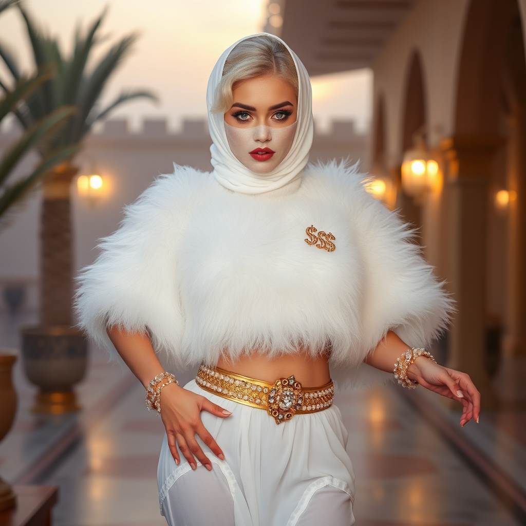 Kuwait desert palace harem patio misty dawn: Melissa, European 17 years old very convincing femboy “trophy-bimbo”, tamed servile docile, very beautiful feminine flawless face, rather short, by hormones very curvaceous womanly figured, platinum blond short tight curls, heavily made-up eyes, wearing Supertanya-style fluffy very fuzzy bright white angora turtleneck-poncho cropped ending under bust decorated with pearls and gemstones, striking oriental wide gold bridal protection belt, white fully transparent harem pants, full Oriental bridal jewelry, face covered by white sheer full Burka, coin anklets, striking diamond “$$$” letter brooch on left chest, pout frustrated, seductively dancing for the sheik, looking at camera. Focus on face and turtleneck-poncho.