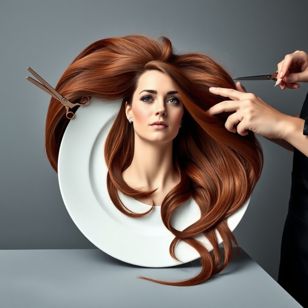 In a strikingly surreal scene, a beautifully crafted porcelain plate holds the disembodied head of a graceful Kate Middleton, her long, flowing hair cascading around like a luxurious waterfall of silky strands, shimmering in various shades of deep chestnut. Each hair seems to catch the light, creating an almost ethereal glow. Nearby, a meticulous hairdresser, dressed in a sleek black apron, carefully snips away at Kate's locks with precision scissors, their actions fluid and deliberate, emphasizing the delicate artistry of the moment.

The setting boasts minimalist decor, with a plain gray background that heightens the focus on this bizarre tableau. Soft shadows play across the smooth surface of the plate, enhancing the haunting beauty of Kate's serene expression, which conveys both elegance and an uncanny sense of stillness. The atmosphere is a blend of surreal calm and unsettling intrigue, pulling the viewer into a dreamlike space where reality and imagination intertwine. Gentle noises of scissors softly clipping away hair are the only sounds in this peculiar yet captivating scenario, heightening the tension and drawing viewers into this striking juxtaposition of beauty and the bizarre.