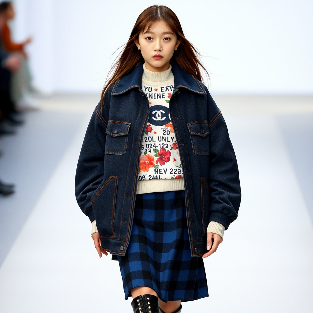 A Korean female model wearing a collegiate-style autumn Chanel-inspired outfit, featuring a Y2K Chanel-inspired denim patchwork structured coat + a floral pattern sweatshirt (inner layer) + a blue-black checkered patterned skirt, showcasing elegance and gentleness, paired with studded leather boots, 4K photography from the 2024 New Wave Fashion Week runway show.