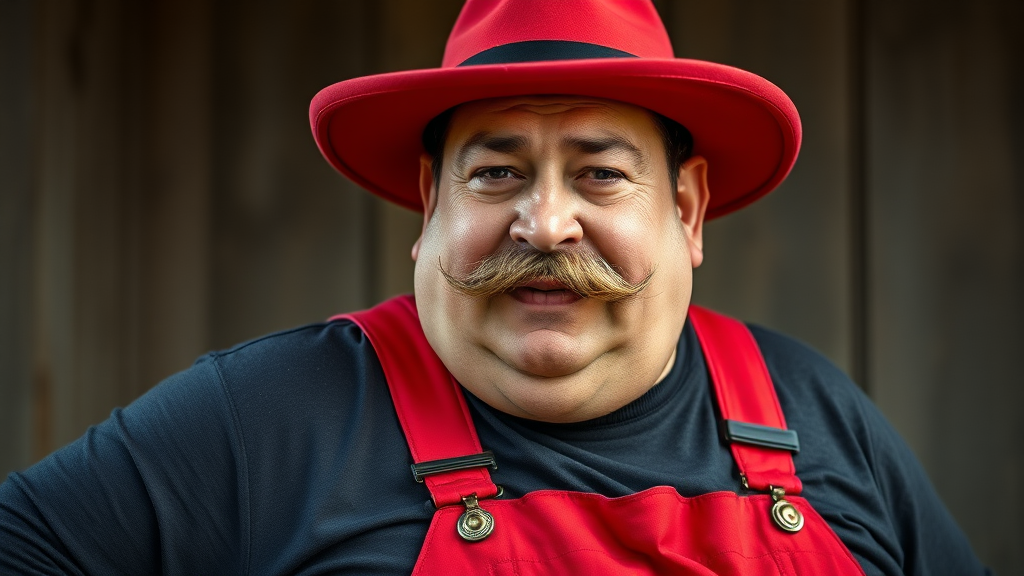 Heavyset Italian man with large mustache. He wears a red hat and red overalls over a long sleeve dark grey shirt.