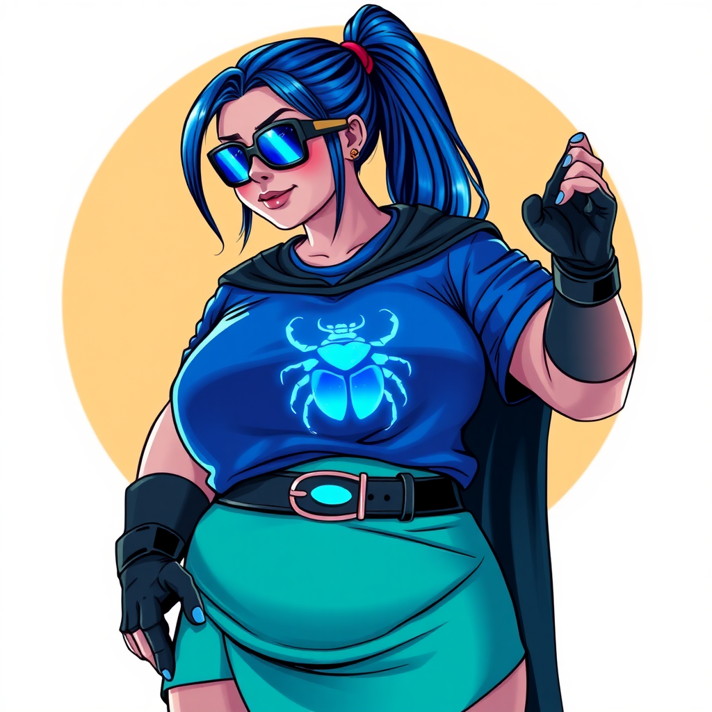 A 28-year-old, full-figured tech genius vigilante, she is the devoted girlfriend and nerdy sidekick of a cyberpunk vigilante. Her maximum blue ponytail and glowing sapphire eyes are striking features. Her prominent, round, large midsection, gigantic limbs, and broad shoulders define her full figure. As the loyal and supportive sidekick, she plays a crucial role in their missions, using her digital and technological prowess to assist and protect.

She wears an oversized maximum blue t-shirt with a glowing neon blue beetle chest icon, maximum turquoise skirt and cape, a black belt with a sapphire scarab beetle, and black high-tech shock gloves. Her neon red blush and lovestruck smile are ever-present. Her full figure shows how pampered she is by her doting boyfriend. Her nerdiness is unmistakable, accentuated by her black oversized eyeglasses with maximum turquoise lenses that functions as her eye mask. She serves as her boyfriend’s indispensable crime-fighting partner. She is drawn as if she was in a retro 2D cyberpunk fighting game.