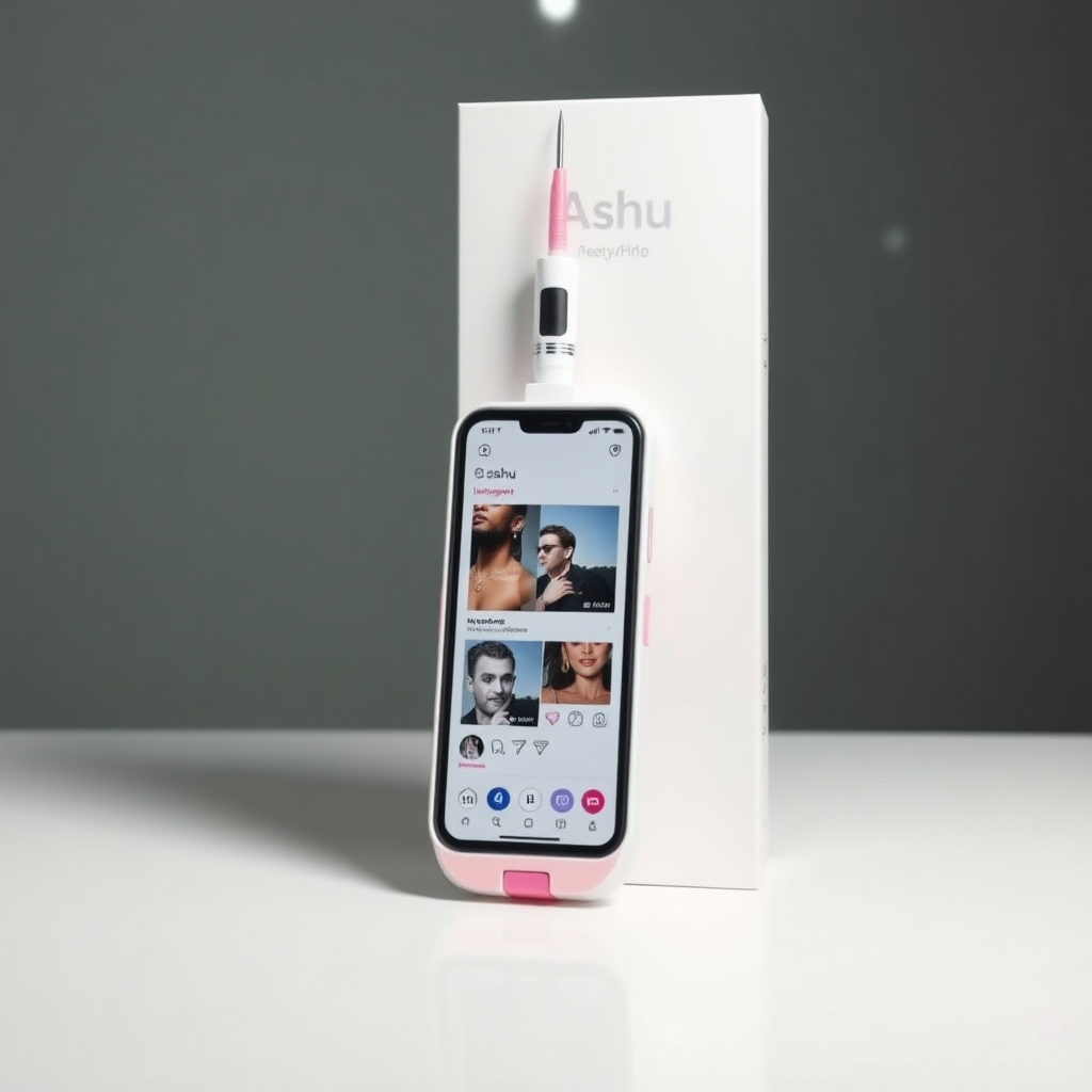 A close-up straight front view of a mobile phone in the shape inspired by a syringe, white pink futuristic, kept for sale leaning to a box with text Ashu and minimal design, in a showroom, touchscreen phone with Instagram page open on screen, needle on top, whitepunk.