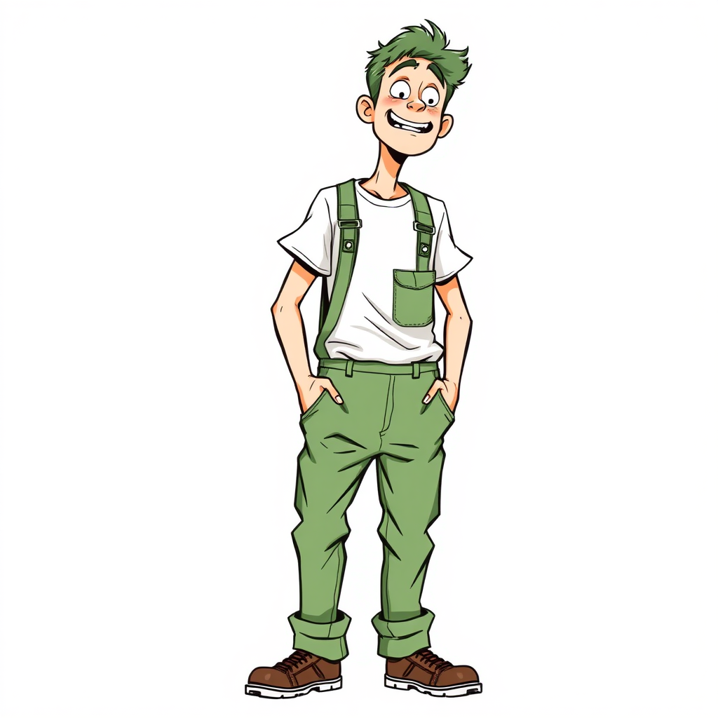 nervous small 15 year old european skinny man, long sleeves green rolled down coveralls, tense fabric, white t-shirt, standing, stunned, mesmerized, joyful, heavy drooling, open fly, heavy round stuff in his pocket, side view, safety shoes, detailed feet, 2D, caricature, cartoon, Sketch lines, coloring book, coloring book,