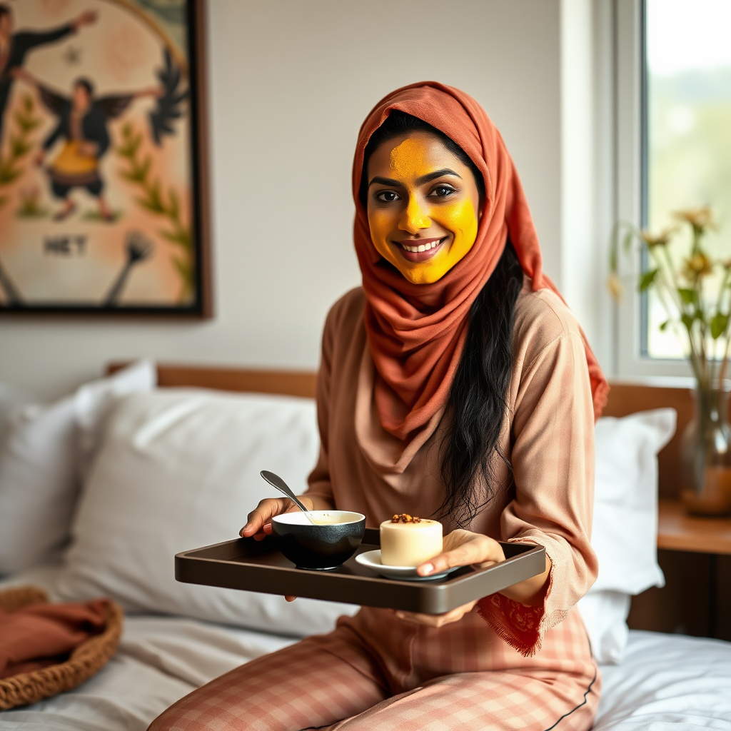 slim, 30 year old, sexy, indian wife, scarf head, turmeric face mask. She is smiling and serving breakfast on a tray on bedside table