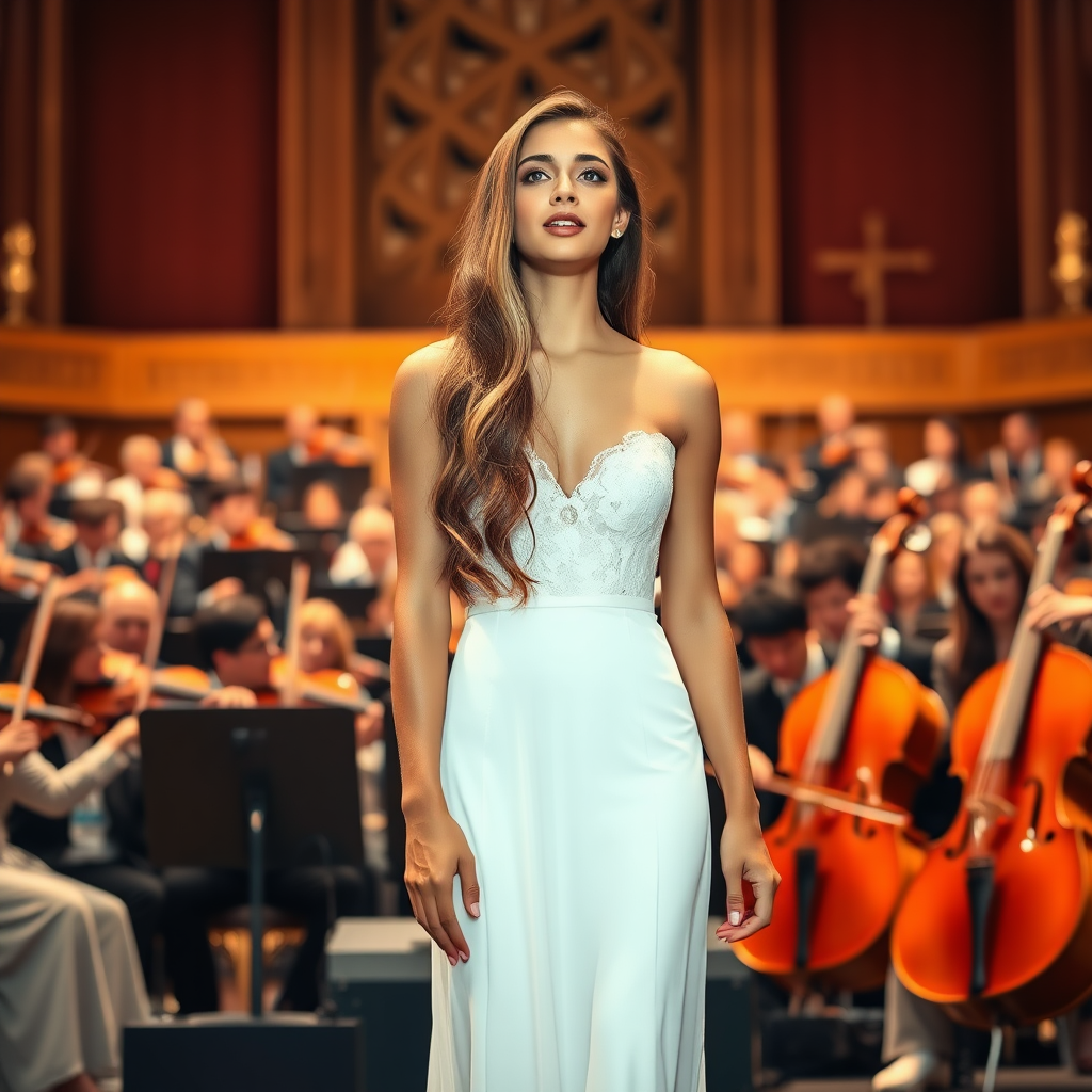 a young woman singing. a large orchestra in background. she stands in the middle of the stage. long brunette hair with highlights falling to her shoulders, bright blue eyes. suntanned skin. small lips colored pale rose. wearing an elegant long white dress with transparent lace and white pumps. fine neglace. photo from some distance.