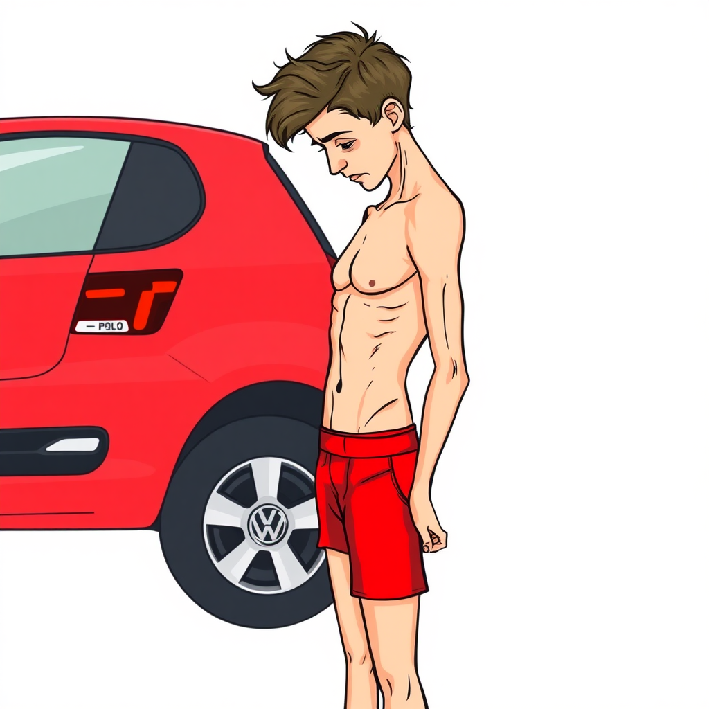 shy nervous small 18 year old european skinny man, bare chest, red tight men's brief, tense fabric, head down, looking from a distance at a VW Polo V, side view, detailed feet, 2D, caricature, cartoon, Sketch lines, coloring book, coloring book