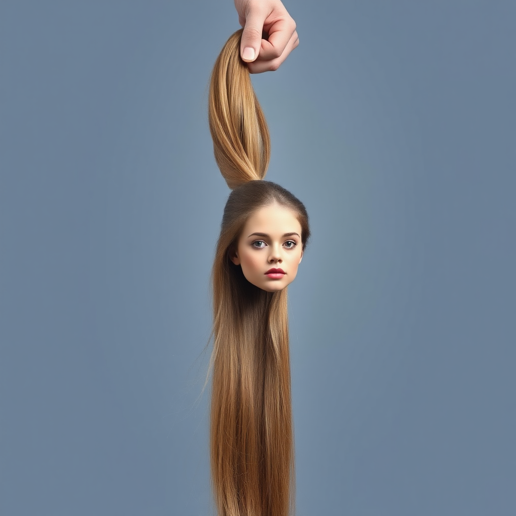 Surreal image of a very long haired woman's beautiful disembodied head hanging by her very long hair. Her very long hair is gathered at the top of her head into a long ponytail that stretches upward into a grasped hand. Plain gray background.