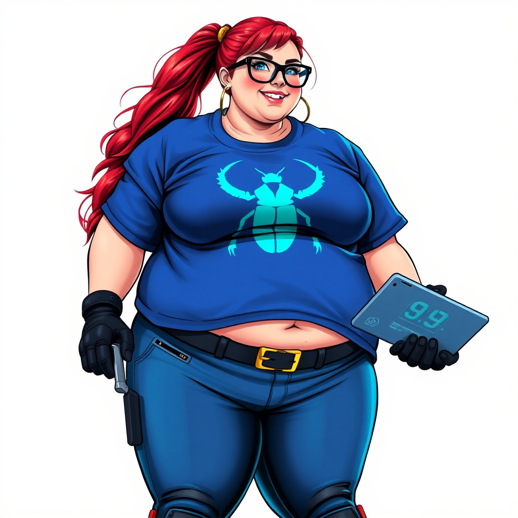 A 28-year-old, full-figured computer hacker and tech wiz, she is the girlfriend of a cyberpunk vigilante. Her long ruby-red ponytail, and striking, bright blue eyes make her stand out. Her wrecking ball-sized midsection, sequoia-sized limbs, and broad shoulders define her full figure, which has been heavily pampered by her doting boyfriend. Her nerdiness is blatantly obvious, and she serves as her boyfriend’s tech expert.

As the loyal and supportive sidekick, she plays a crucial role in their missions, using her digital and technological prowess to assist and protect. She wears an oversized maximum blue t-shirt adorned with a maximum turquoise beetle chest icon, black oversized eyeglasses, matching maximum blue biker pants, and black high-tech gloves. She beams with a neon red blush, holding a futuristic wrench and a digital holographic tablet. She is on a solid white background. She is drawn as if she was in a retro 2D cyberpunk fighting game. Her midsection is bloated and broadened to emphasize her figure.