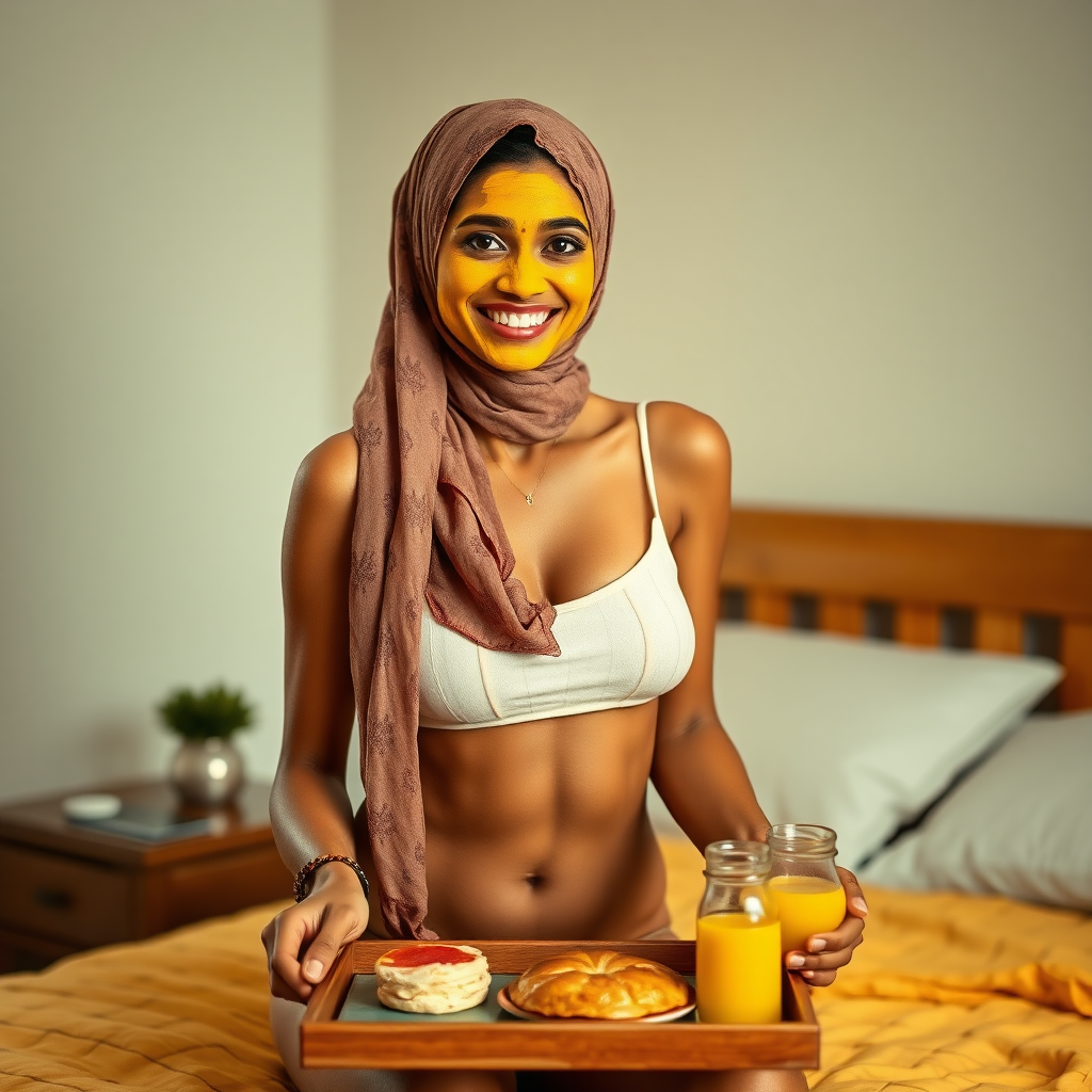 slim, 30 year old, sexy, indian wife, scarf head, turmeric face mask. She is smiling and serving breakfast on a tray on bedside table