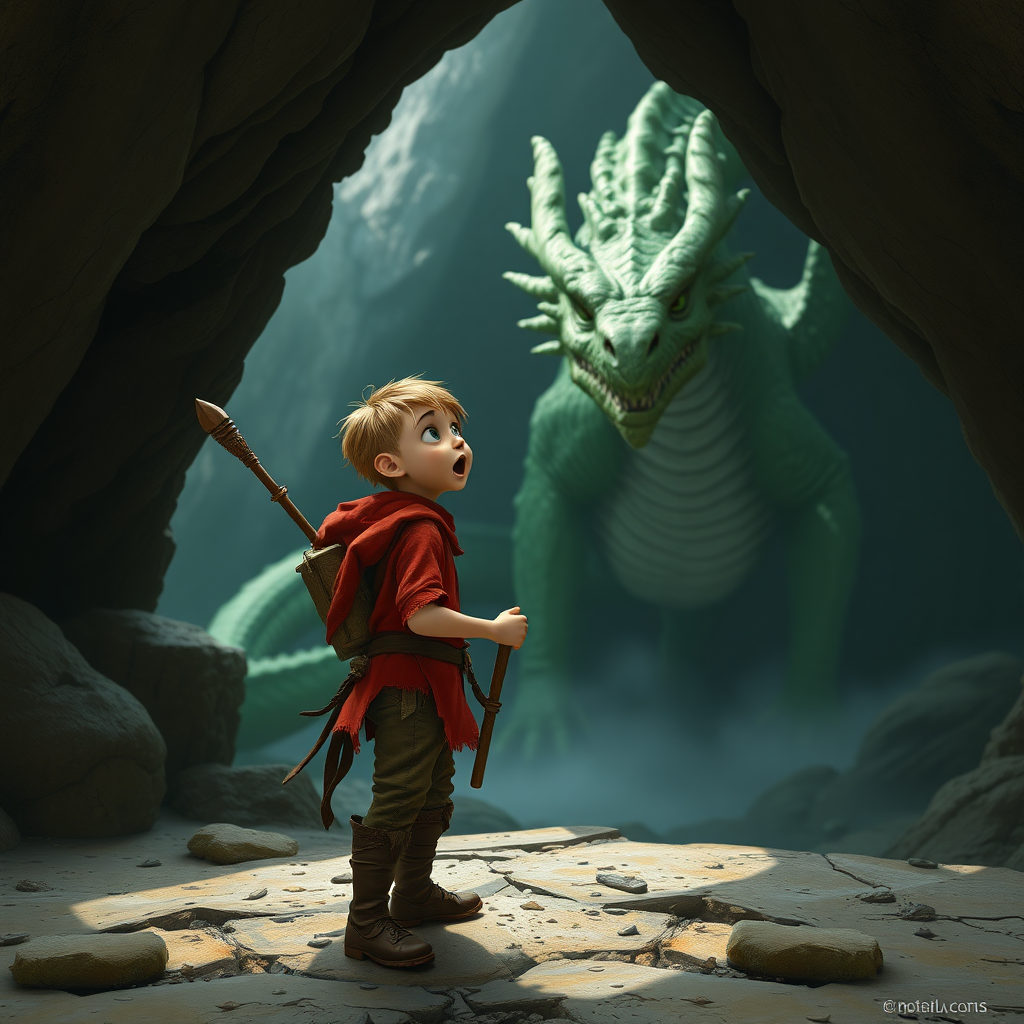 A realistic shot of a small, skinny, light brown, excited kobald in a tattered red tunic and dirty brown pants wearing a quaterstaff on his back as he sees a large green dragon in a cave.