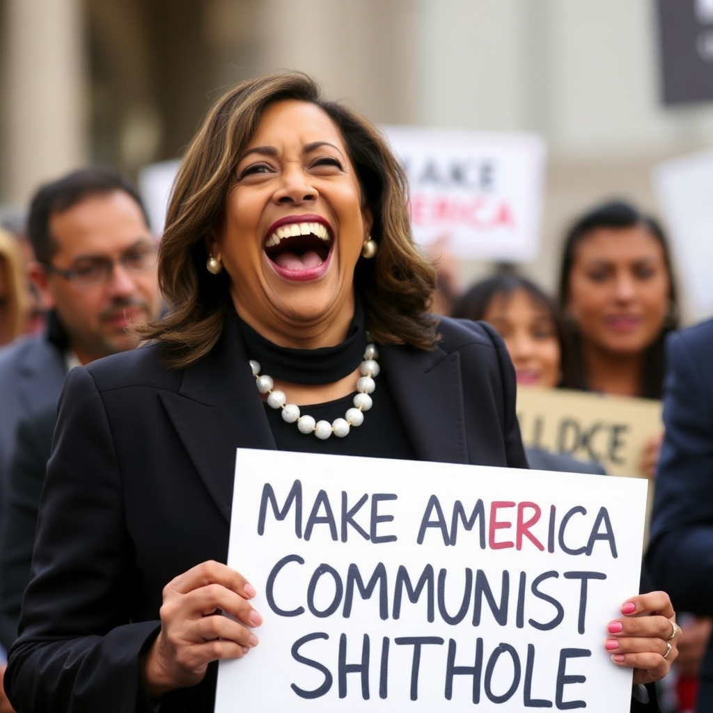 Kamala Harris laughing, holding a sign with text "MAKE AMERICA COMMUNIST SHITHOLE".