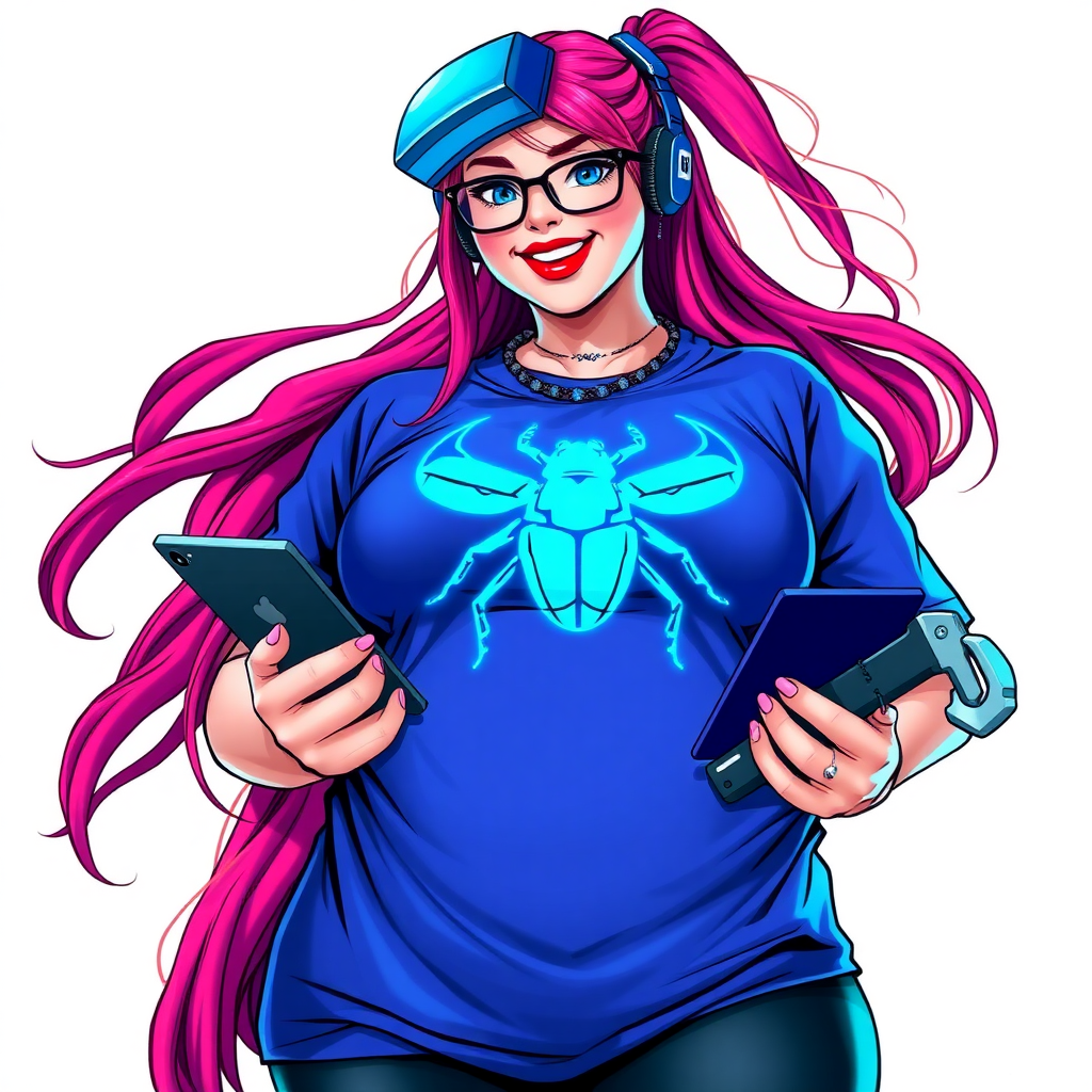 A cyberpunk vigilante’s full-figured intelligent and tech-savvy 29-year-old girlfriend, who is a computer hacker and tech genius. She has a long ruby red ponytail and bright blue eyes. She wears a sapphire beetle gemstone necklace, and an oversized maximum blue t-shirt featuring a giant neon blue glowing icon of a beetle on its chest. She has a full-figured physique with a prominent, gargantuan, round midsection, reflecting her well-cared-for lifestyle. The midsection is heavily emphasized. She sports a sapphire headset with hi-tech maximum turquoise lensed HUD visor, black eyeglasses, and a beaming smile with a passionate bright red blush. Despite her figure and a lack of self-esteem, she radiates an air of beauty. She has an angular face which contributes to her radiant beauty. She serves as his tech expert from his hideout, holding a holographic tablet and a hi-tech tool wrench. The background is solid white. She is drawn as if she was in a retro 2D cyberpunk fighting game. Make sure her shirt covers her round midsection.