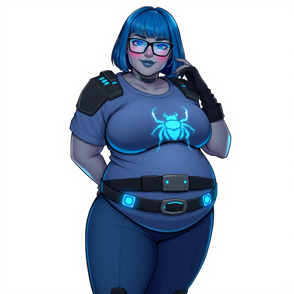 A 28-year-old, full-figured, Middle Gray skinned, computer program hybrid with a maximum blue bob cut. She has a non-athletic, full-figured build, highlighted by a prominent, round, large midsection (with heavy emphasis on her large belly). As the full-figured, nerdy, digital sidekick to her cyberpunk vigilante boyfriend, her metallic middle gray skin and maximum blue lipstick emphasize her digital nature. She wears a digital, computerized costume, consisting of a huge, tight-fitting, maximum blue t-shirt with a neon blue glowing chest icon of a beetle, hi-tech shoulder pads with neon blue glowing accents, a black hi-tech belt with a digital neon blue glowing buckle, digital maximum blue pants with neon blue accents, and black hi-tech gloves with neon blue glowing accents. Her bright blue eyes, black eyeglasses with neon blue glowing lenses with a built-in HUD, and shy smile with neon red blush accentuate her nerdiness. She stands bashfully with one hand behind her back and the other hand gently touching her cheek, her costume covering all her skin and emphasizing her full-figured physique (especially her belly). She is clearly non-athletic, with a heavy focus on her large belly. Despite her build, she radiates beauty. She has a slim face compared to her physique, accentuating her radiant beauty. She is on a solid white background. She is drawn as if she were in a retro 2D cyberpunk fighting game.