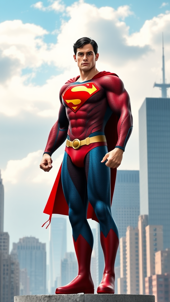 Create a full-length image of Superman, featuring the musculature and body shape of Elastigirl. Retain Superman’s head, hairstyle, and facial features. Incorporate the original costume, adding embellishments and adjusting it to fit the new proportions. Design the background inspired by both characters, blending elements from Superman's Metropolis and Elastigirl’s Incredibles universe. Aim for a dynamic pose reflecting strength and flexibility, emphasizing a vibrant color palette that highlights the unique elements of both characters.