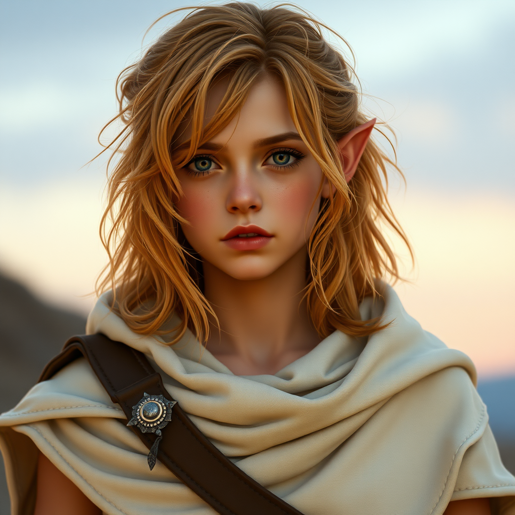 A girl with a face like Ana de Armas, pale, no makeup, messy shoulder-length strawberry blonde hair, athletic. She is an elven magic user, wearing a white cloak with wide shoulder armor like Deedlit from Record of Lodoss War. Hyperrealistic, dawn, film grain.