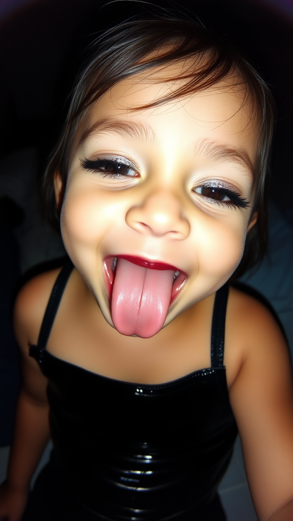 four-year-old-latina-female-child that has extremely big lips. She is wearing intense-glitter-eyeshadow, thick-winged-eyeliner with very-dramatic-eyeliner-wings, and dark-burgundy-glossy-lipstick. She is wearing a tight-glossy-latex-sleeveless-crop. Her mouth is open, tongue out, eyes half-closed. She is happy. Fish-eye-lens, laying in a dark motel room, amateur flash photography.