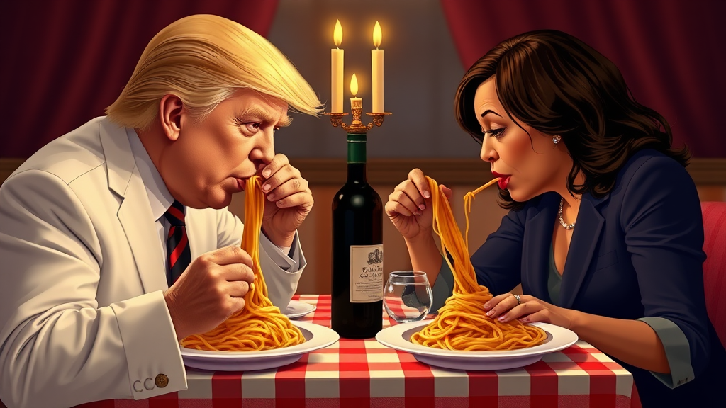 Photoreal style. ratio: 16:9. Donald Trump and Kamala Harris eating in an Italian restaurant a la the one in 'Lady and the Tramp.' Checkered tablecloth, Chianti bottle used as a candle holder. Both humans are eating spaghetti from the *same* plate with their hands, and end up eating the same piece of spaghetti, making their heads meet.