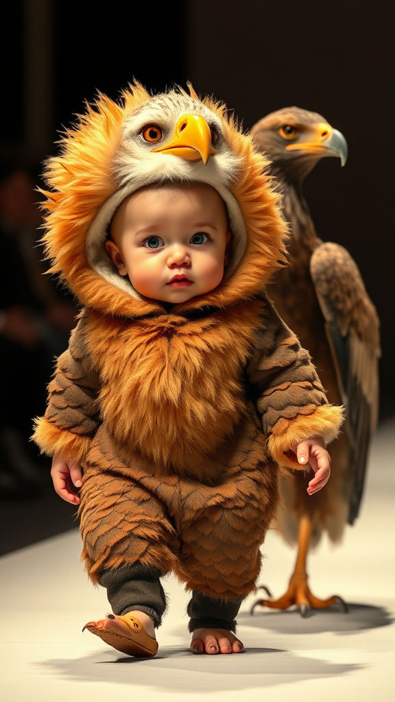 A cute small chubby fair baby with big eyes, pink lips, and pink cheeks wearing a furry cozy eagle costume is doing a ramp walk in a fashion show, walking alongside a real eagle. Cinematic.