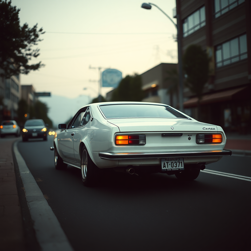 the car is parked on the side of the road, inspired by Taiyō Matsumoto, tumblr, restomod, nd4, c4 a white car is driving down the street, a picture, unsplash, shin hanga, 70's, looking regal and classic, fuji lut, poorly lit, mazoku, devils, lada, lowres, iso 500, backlighted, foam, vehicle photography, frank fanzzeta, 1 2 k, japanese, single light, basic, italian masterpiece