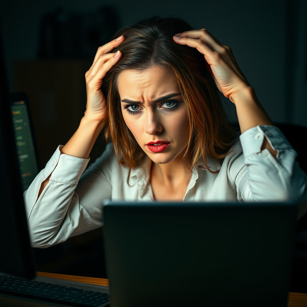 Create a realistic scene of a desperate pretty nice woman sitting in front of a computer. Her posture should reflect frustration, with her hands either on her face or gripping her head. Her surroundings are a typical home or office workspace, with dim lighting adding to the tense and stressful mood. The computer screen could show error messages, glitches, or something causing her distress. The woman’s expression should be a mix of anxiety, exhaustion, and despair, with subtle attention to facial details like furrowed brows or clenched jaws.