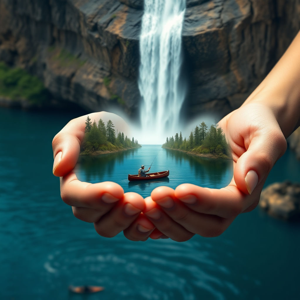 create a 16k resolution, highly detailed and realistic image showing a pair of human hands gently holding a miniaturized lake. On the lake surface, there is a canoe with a fisherman, casting his line leisurely. Above the hands, there is a cliff, and from this majestic height, a roaring waterfall cascades down, seemingly feeding into the lake held within the palms. The entire scene should give off a surreal, magical vibe, creating an illusion that a piece of a beautiful, serene landscape is cradled in human hands