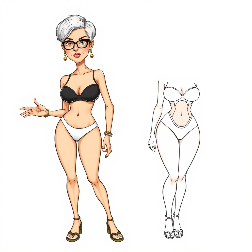 a towering 55 Years old, fit, slim, European, Latina, sharp aquiline nose, wrinkles, high cheekbones, Middle Eastern, Skinny, Tanned skin, Dark light skin, Rounded Medium breasts, Skinny thighs, full Makeup, jewelry, Serious face, Sharp nose, Ash hair, short bowl haircut, Brown eye color, Glasses, with detailed features. she is wearing black balconette bras and a white high cut cut out slingshot swimsuit, detailed fabric.  full body, high heels sandals, she is gesturing at the viewer, sweating, 
long establishing shot, 2D, caricature, cartoon, Sketch lines, coloring book, black and white, coloring book style on white background, well composed, clean coloring book page, No dither, no gradient, strong outline, No fill, No solids, vector illustration, realistic proportions