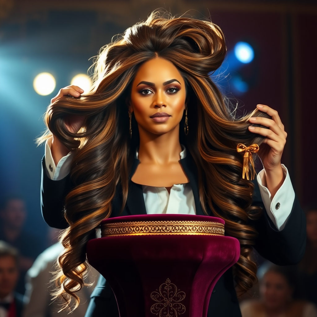 A magician captivates the audience with a stunning display of illusion. Atop an ornate velvet display stand rests the glamorous head of Beyoncé, her radiant complexion and striking features enhanced by glimmers of stage lighting. Her remarkably long hair cascades elegantly, flowing like a waterfall of rich, dark silk, and the strands glisten with hints of gold as they catch the soft light.

The magician holds up the luxurious mane with a flourish, spreading it wide for everyone to admire. The air is charged with suspense as he expertly manipulates the hair, twirling it gracefully around his fingers, creating mesmerizing shapes that seem almost alive.